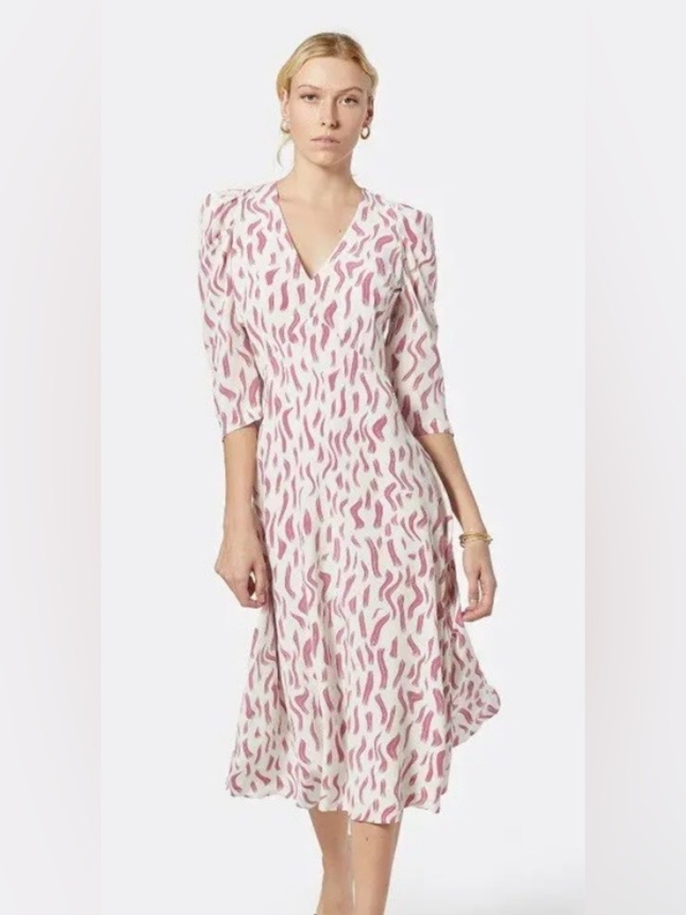 Joie • 100% Silk Albi Midi Dress • Cranberry Abstract Print • V-Neck • Size 8
